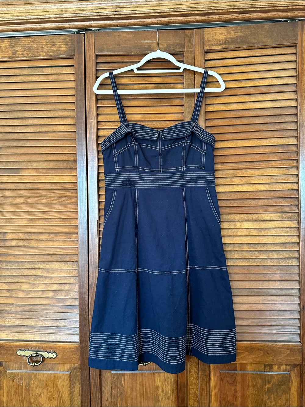 Anthropologie Maeve Navy Blue Sailor Retro Sundress with Contrast Stitching XS - Picture 3 of 11